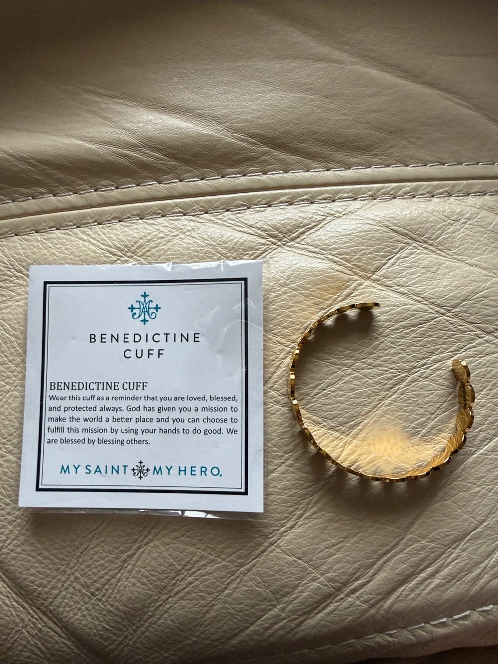 My Saint My Hero Benedictine Gold Cuff Bracelet. Brand new never worn